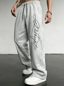 Men's Baggy Wide Leg Sweatpants Gothic Script Print Streetwear Pants Soft Fleece Drawstring Waist Casual Joggers All-in-One Wear for Gym Daily Street Style
