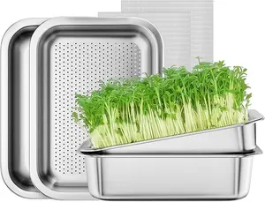 2-Pack Sprouting Tray Kit, Stainless Steel Soil-Free Cultivation Germination Tray, Healthy Wheatgrass Grower Sprouting Container Kit Nursery Tray for Indoors Plant Seedlings
