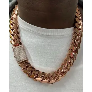 18K Rose Gold Vacuum Plated with 5A+ Sri Lanka Zircon Stainless Steel Chain & Copper Flip Clasp Miami Cuban Link Chain Italy Mexico & Micro Inspired Unisex Hip Hop 14-22mm Necklace for Men & Women Jewelry,Daily Wear,Casual Fashion,Gift Idea