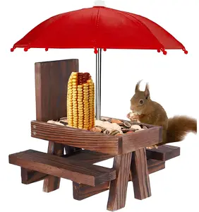 Squirrel Feeder Outdoor Picnic Table with Umbrella, Wooden Squirrel Feeders for Outside with Corn Cobs, Squirrel Tent, Cute Chipmunk Feeder with Solid Structure for Squirrel Gift