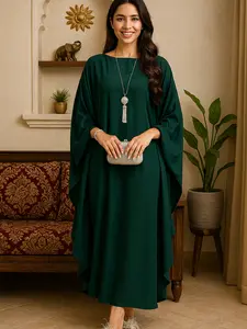 Arabic Clothing-Solid Color Chic Woven Boat Neck Tunic Dress Piece, Casual Wear Long Sleeve Batwing Sleeve Dress for Women, Women's Clothing for All Seasons