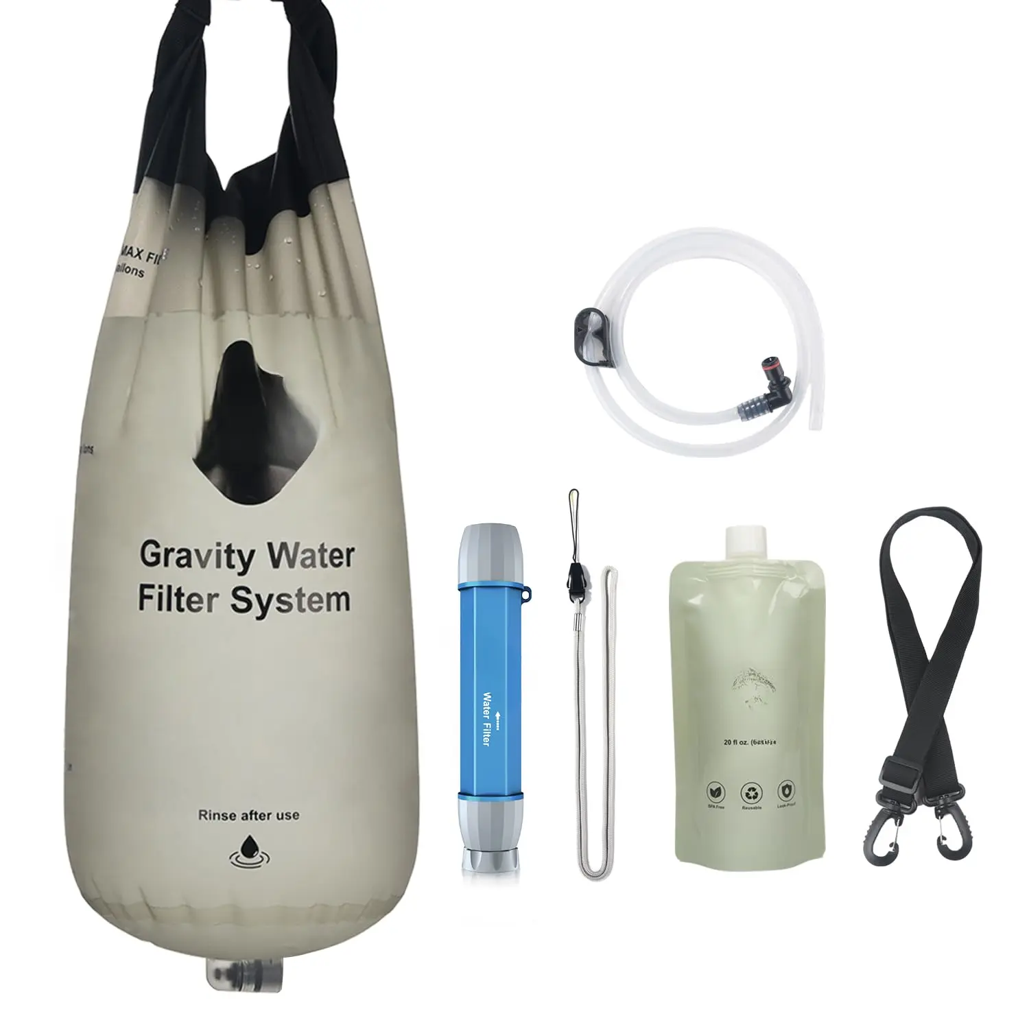 Gravity Water Filter System w/ 2-Gal Bag & 0.1-Micron Water Filter Straw, Gravity-Fed  System Water Purifier  for Camping, Backpacking, Hiking &  Preparedness