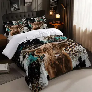 3-piece set (1 quilt cover + 2 pillowcases, no core), high and low cow and leopard print quilt cover set, Decorative Duvet Cover, comfortable bedding set, suitable for all rooms, room decoration, suitable for gifts, Boho Bed Set