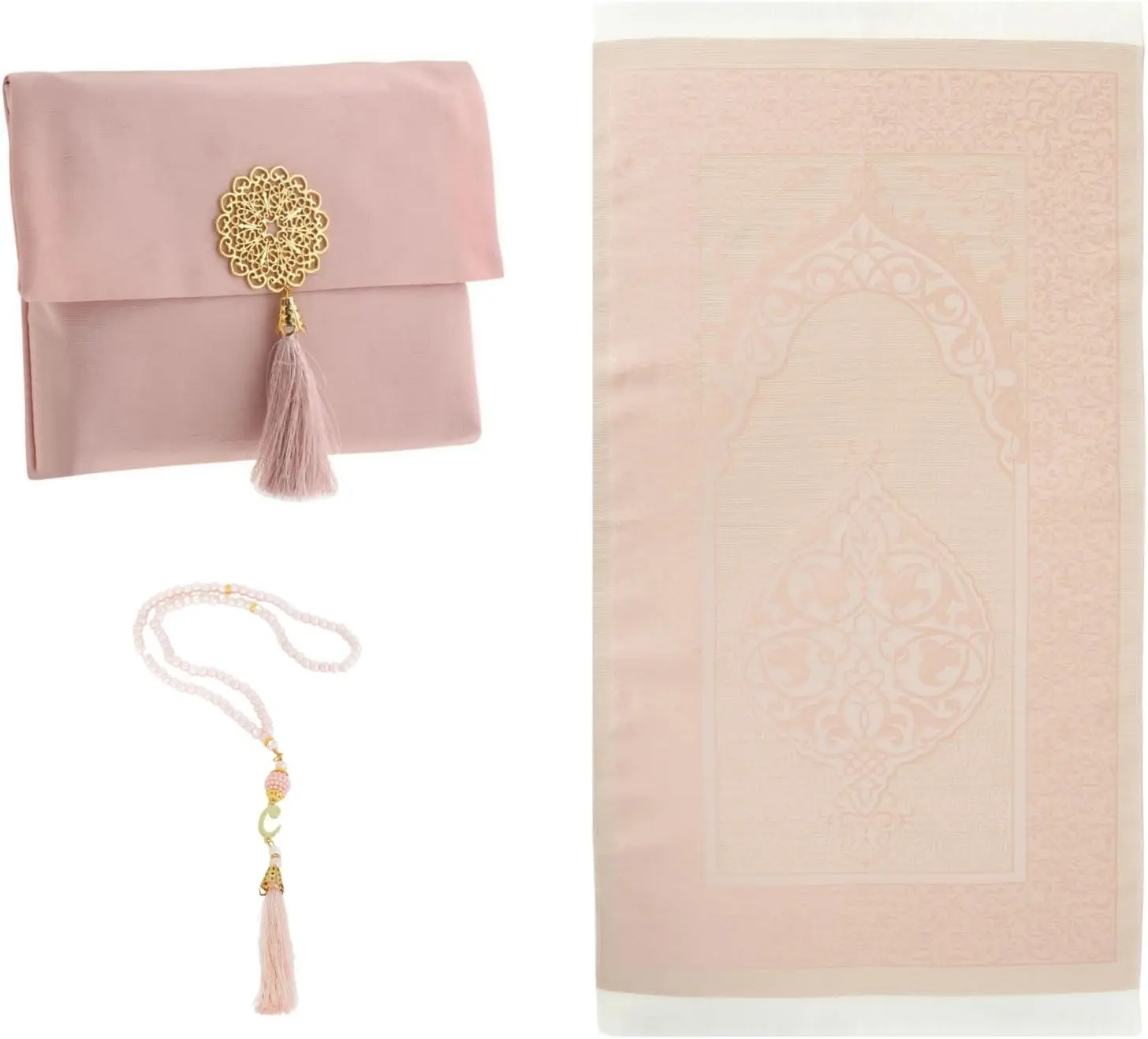 Muslim Prayer Rug with Tasbih and Portable Bag, Muslim Gift for Women Men, Mubarak Islamic Box, Soft Mat Islam Gifts Set, Turkish Sajadah for Ramadan, Eid, Hajj, Travel, Pray (Powder Pink)