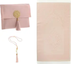 Muslim Prayer Rug with Tasbih and Portable Bag, Muslim Gift for Women Men, Mubarak Islamic Box, Soft Mat Islam Gifts Set, Turkish Sajadah for Ramadan, Eid, Hajj, Travel, Pray (Powder Pink)