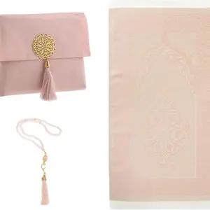 Muslim Prayer Rug with Tasbih and Portable Bag, Muslim Gift for Women Men, Mubarak Islamic Box, Soft Mat Islam Gifts Set, Turkish Sajadah for Ramadan, Eid, Hajj, Travel, Pray (Powder Pink)