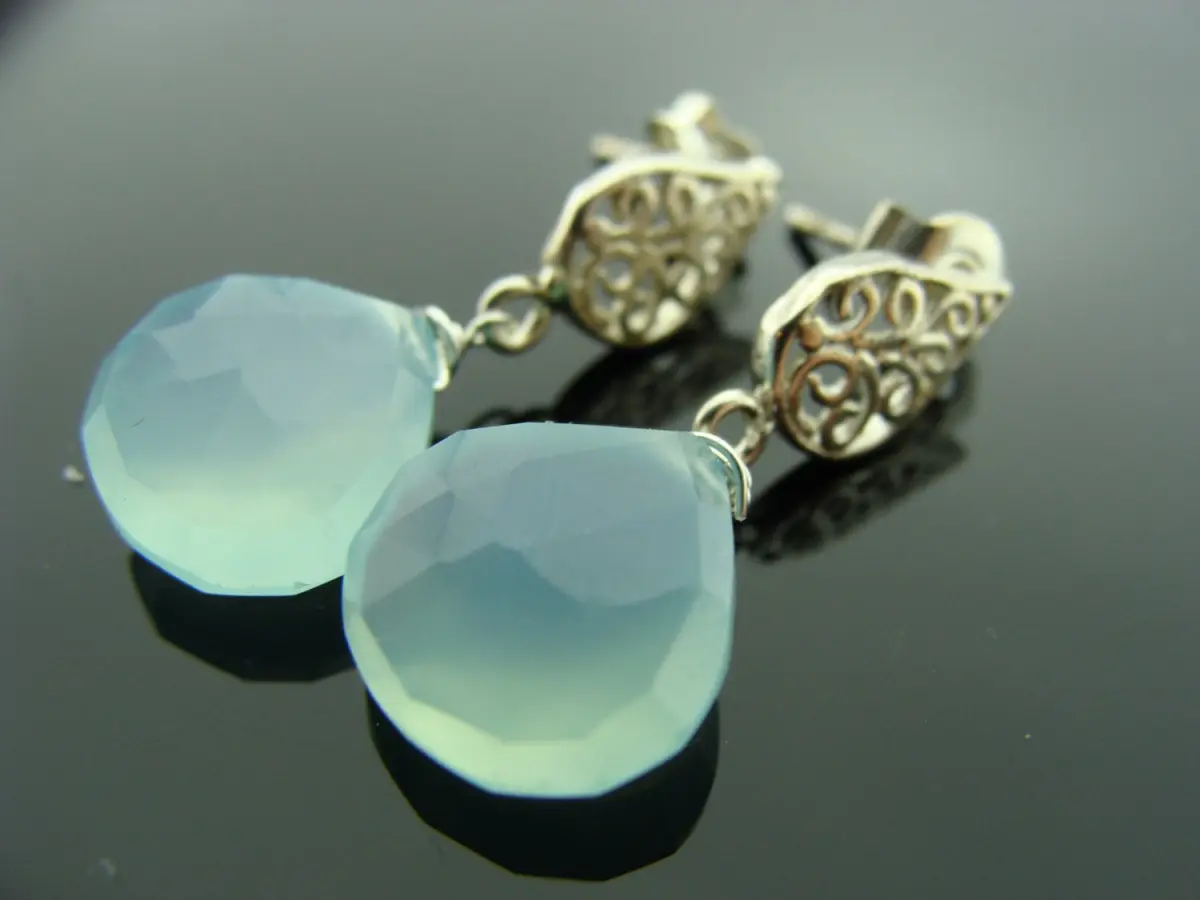 Aqua Blue Chalcedony Earrings . 925 Sterling Silver Studs . Filigree Gemstone Posts . Dainty Earrings
