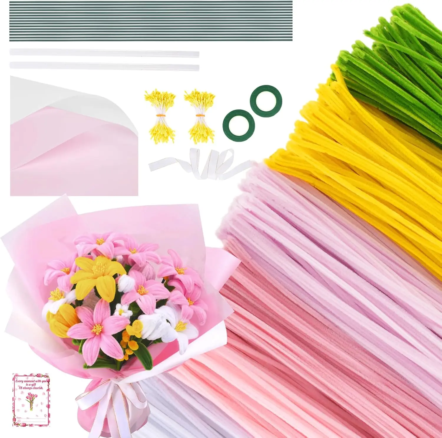 500PCS Chenille Stem Craft Kit - 6-Color Pipe Cleaner Bulk Set with Floral Wires, Gardening Tape, Stamen, Wrapping Paper, Ribbon for Home Decor Artificial Flower Making Supplies