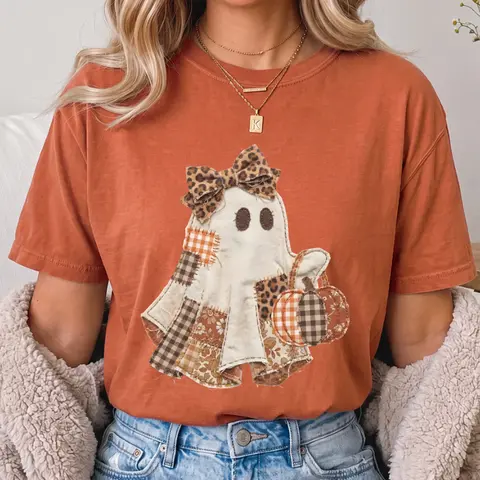 [PRINT] Comfort Colors Faux Patchwork Ghost Shirt, Coquette Halloween Ghost Tee, Cute Pumpkin Ghost Shirt, Spooky Season Top, Fall Shirt Womenswear Women