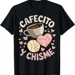 100 Percent Cotton Cafecito and Chisme Latin Mexican Baked Concha Pastry T-Shirt with Walk By Faith Flower Print Unisex Casual Tee