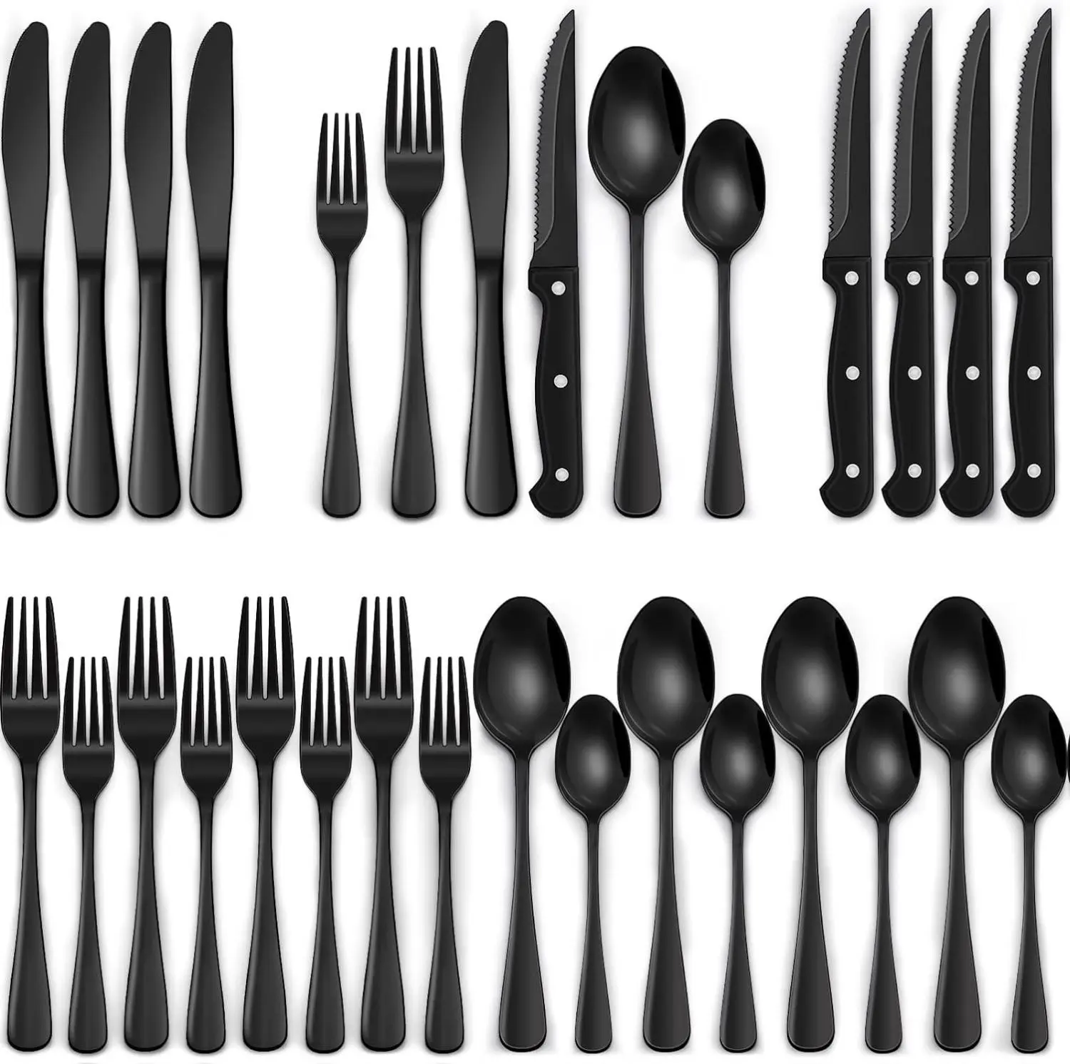 24-Piece Black Silverware Set with Steak Knives, Black Flatware Set for 4, Food-Grade Stainless Steel Tableware Cutlery Set, Mirror Finished Utensil Sets for Home Restaurant Sturdy