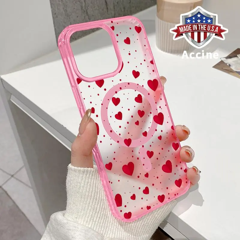 Magnetic Phone Case for iPhone 17 16 E Pro Max 15 Plus 14 13 12 11 Valentine's Day Hearts in Flurry Pattern Shockproof Soft Silicone Transparent Protective Cover Supports Wireless Charging