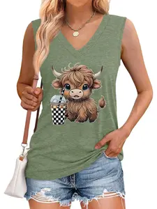 Cartoon Cow Graphic  Printed Women's V-Neck Sleeveless Top, Casual Fitted Short Shirt, Comfortable Fabric for Daily Wear, Available in 6 Colors
