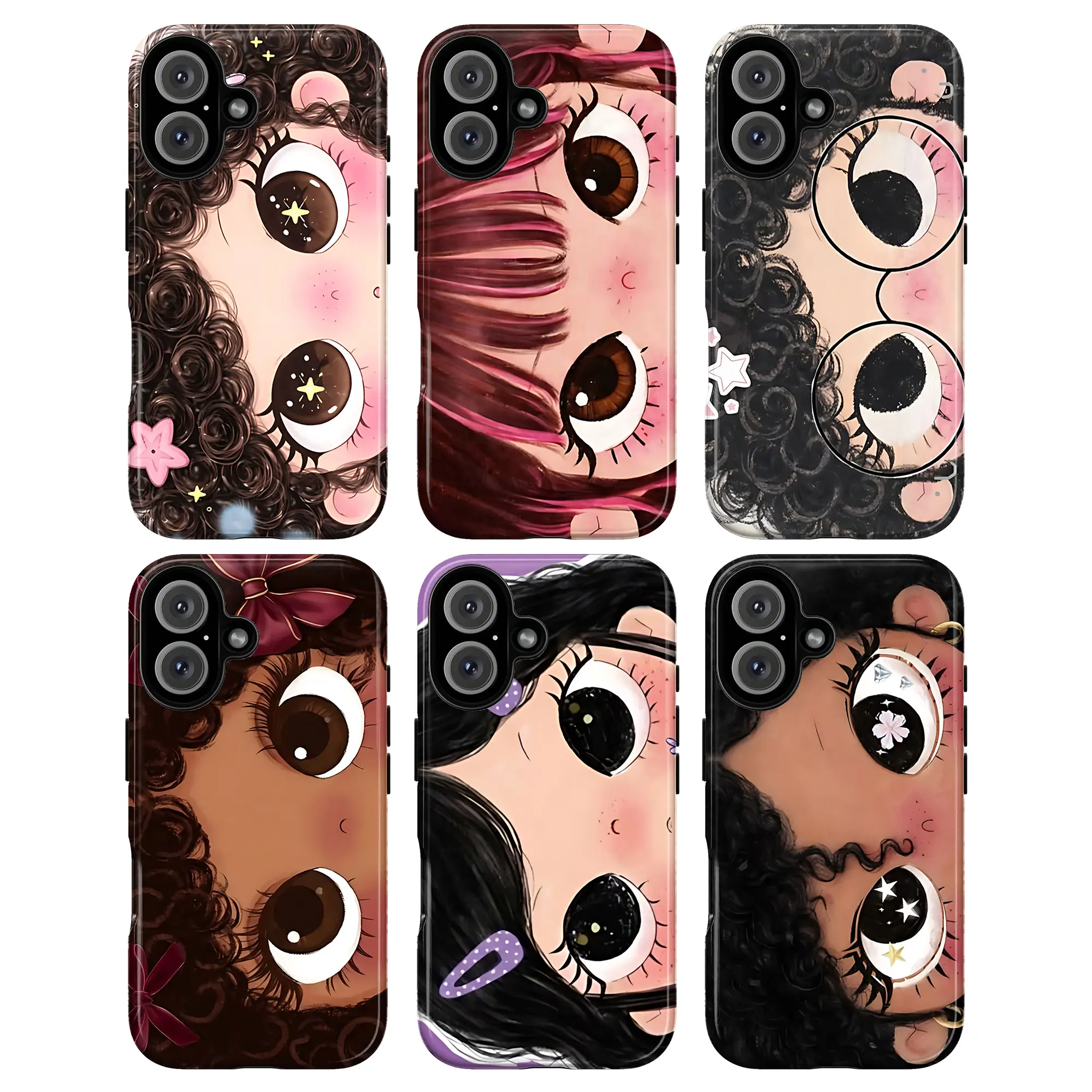 Big Eyes Doll Phone Case – Cute Cartoon Girl Face Aesthetic, Diverse Skin Tones & Curly Hair, Kawaii Weird Cute Indie Kid Y2K Coquette Soft Girl It Girl Vibe, Fits for iPhone 17 16 15 14 13 12 11 Pro Max, Trendy Aesthetic Gift for Girl, Women & Her