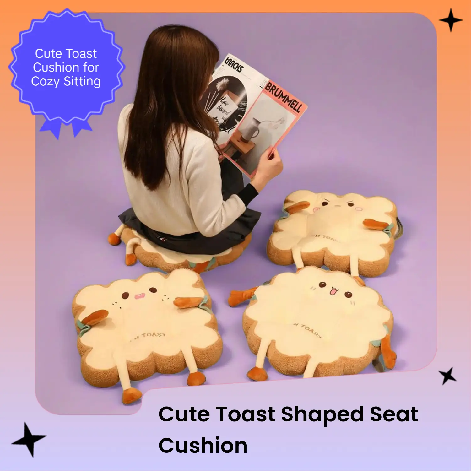 Cute Toast-Shaped Polyester Stuffed Soft Cushion - Square/Circular Floor Mat, Playful Look Living Room Sofa Decor, Car Seat Accessory, No Battery Needed Cozy Seating Item