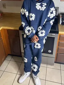 Men's Floral Hoodie Set, Fall & Winter Casual Fitted Drawstring Sweatshirt and Pants, Warm Comfortable for Daily Wear