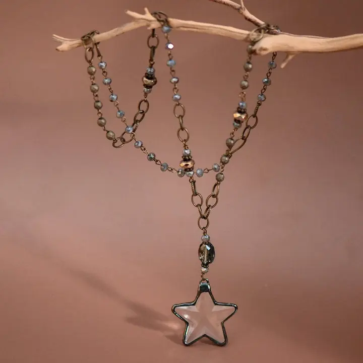 Boho Chunky Long Beaded Chain Link Necklace, Natural Glass Crystal Star Pendant for Women, Chunky Necklaces