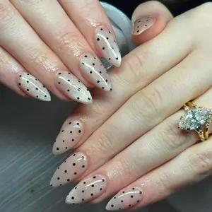 24pcs Long Almond Shape Polka Dot Satin Nail Tips, Easy Apply False Nails for Daily & Date Trend, Glossy Manicure Accessories