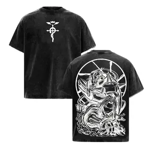 All-metal alchemist Brotherhood oversized water-washed graphic t-shirt - retro heavy cotton t-shirt, a classic anime streetwear top, perfect for comic enthusiasts and fans of dark fantasy