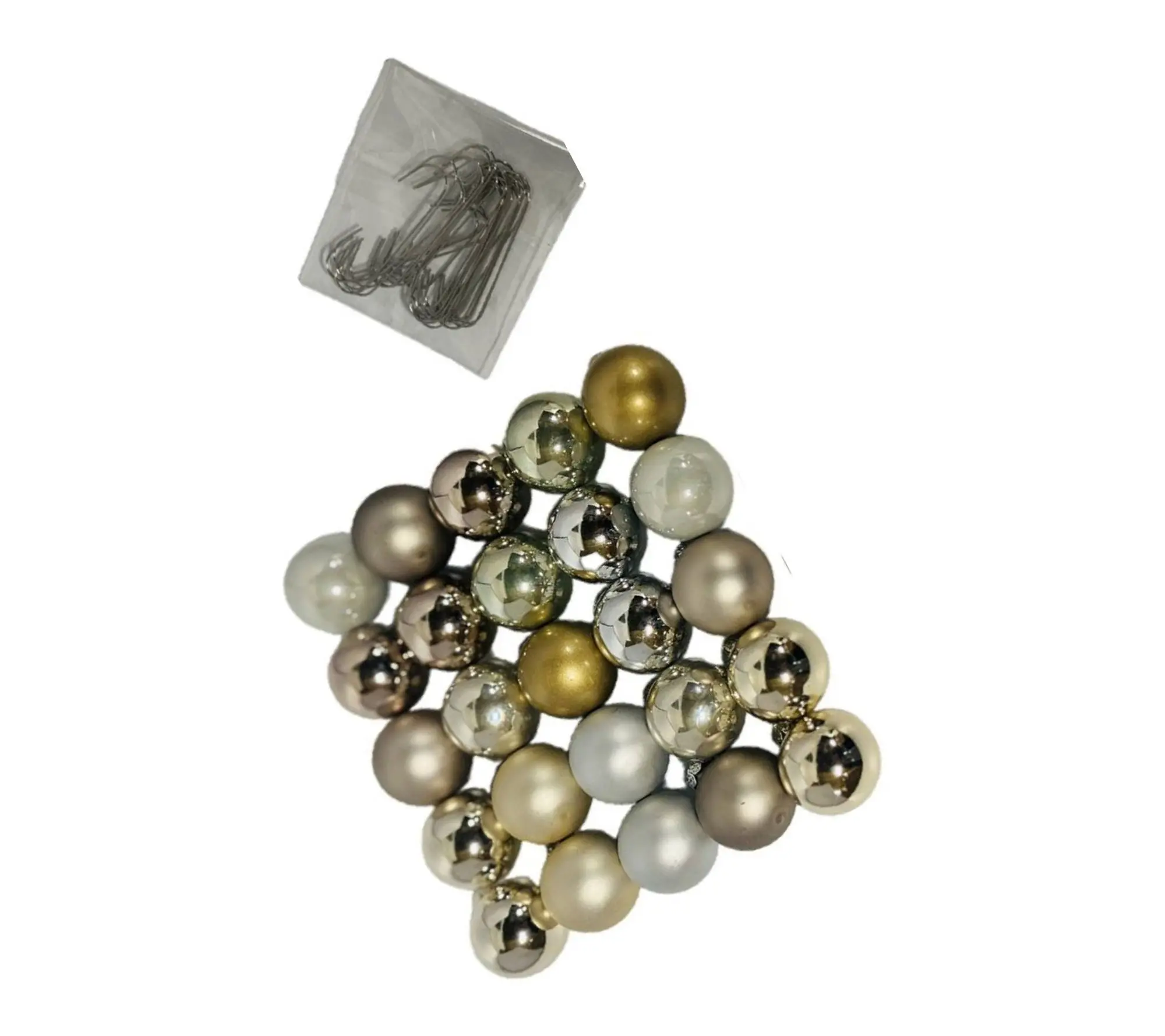 Whitehurst 1 1/4" Champgne/White glass ornaments, S/25 w Hooks