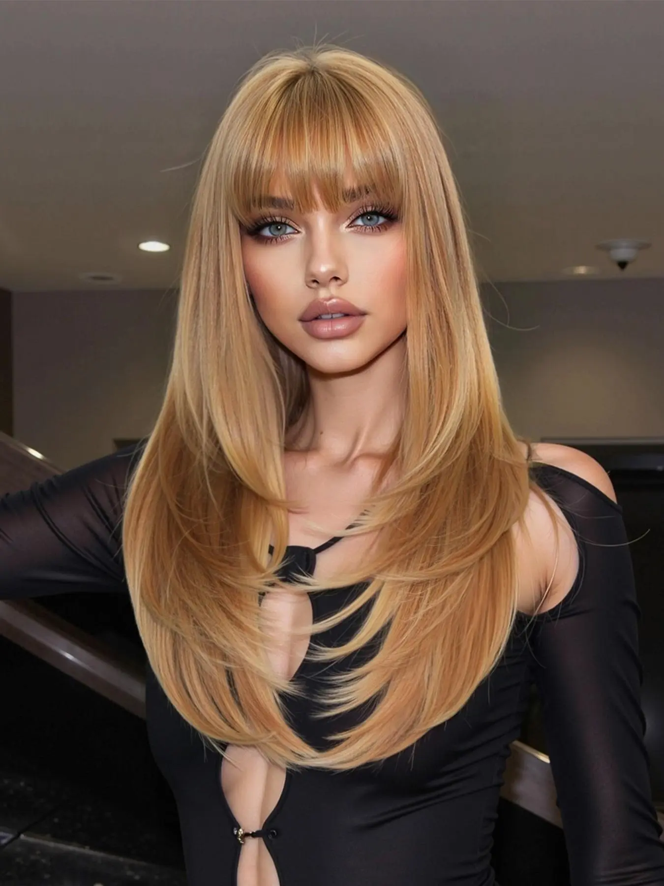24 Inch Long Straight Wigs for Women, Fashion Fluffy Wigs, Gorgeous Fluffy Wigs with Blunt Bangs, Synthetic Full Machine Wigs for Party, Daily Use, Silky Straight Wig, Straight Hair Wig