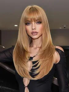 24 Inch Long Straight Wigs for Women, Gorgeous Fluffy Wigs with Blunt Bangs, Synthetic Full Machine Wigs for Party, Daily Use, Silky Straight Wig