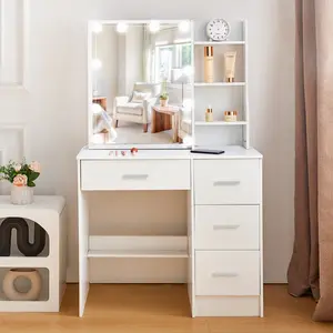 White Vanity makeup Table Set with 10 LED Light Mirror and 4-Drawers Bedroom Dresser Desk