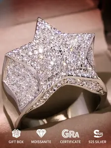 S925 Inlaid moissanite hiphopRing ring jewelry, declaration ring, urban style, star design, avant-garde style, durable coating, luxury ring, fashion ring, fashion lover, jewelry collector