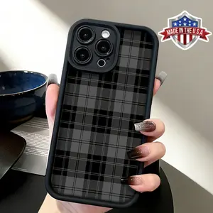 Minimalist Black Gray Plaid Checkered Pattern Aesthetic Design Case for iPhone 17 16 15 14 Pro Max 13 12 11 XR XS Plus Air Slim Shockproof Anti Drop Protective TPU Cover
