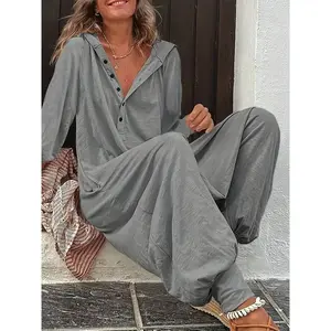2025 New Women’s Solid V-Neck Button Hooded Overalls with Side Pockets – Loose Long-Sleeve Wide-Leg Casual Jumpsuits for Spring and Autumn in Blue, Gray, Black, and Apricot (Sizes S–XXL); Bodysuits