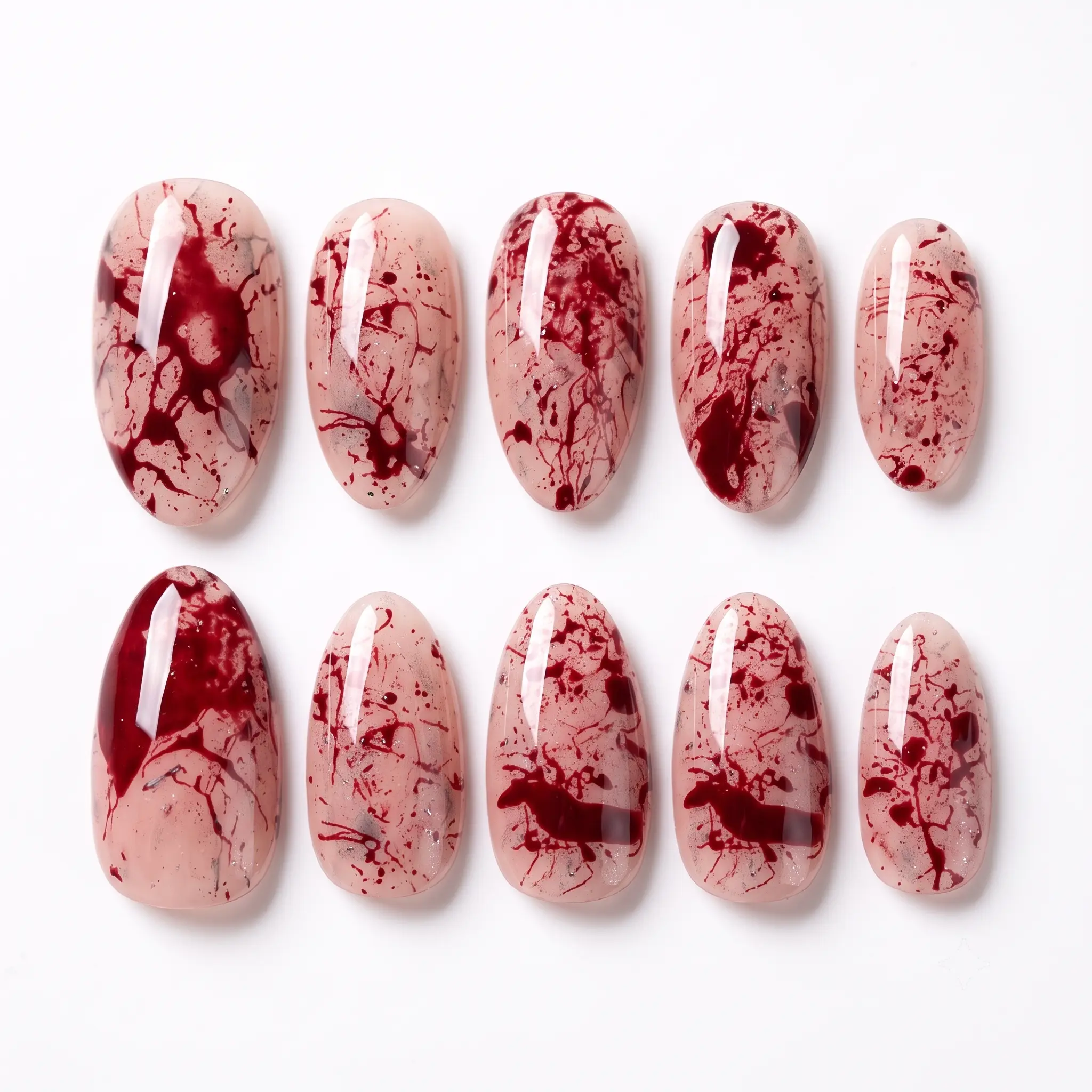 Zatvios Reusable Almond Shape Nails - Nude Base with Hand-Painted Red Blood Splatter Art, Gothic Horror Halloween Theme Fake Nails for Party Wear, Natural Look Set, Reusable Set, Transparent Nude Base, Crazy Nail Art, Nails Press On