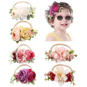 L-HDW009  6 Pack Delicate Rose Flower Nylon Headbands Floral Bows Headband Super Stretchy Hair Bands Fancy Headpieces Tiara Crown Accessories Bulk for Baby Girls Newborns Infants Toddlers Kids