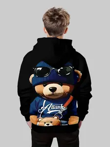 Trendy Bear Print Hoodie for Boys, Graphic Team Hoodie, Casual Daily Wear & Stylish, Comfortable Kids' Clothing for Everyday Use