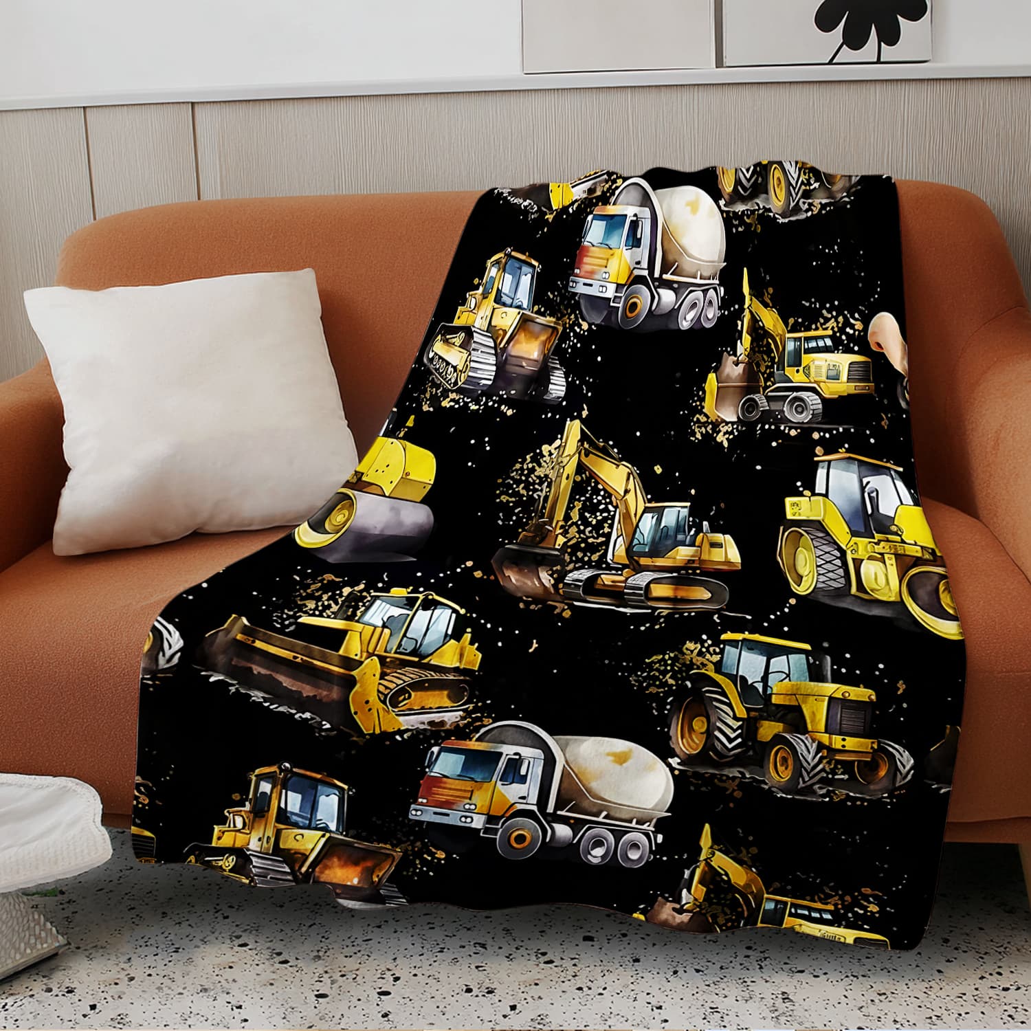 Engineering Car Series Flannel Throw Blanket, Excavator Tractor Pattern, Soft Warm Boy Room Sofa Leisure Blanket, Perfect Gift for Son Grandson