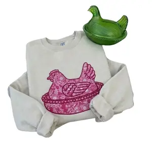 Hen On Nest Applique Embroidery Sweatshirt Vintage Glass Bowl Design Machine Embroidery Pattern Unisex Gildan 18000 Loose Fit 50 Cotton 50 Polyester