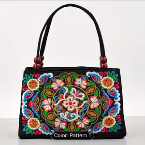 Trendy Women's Canvas Handbag with Floral Embroidery and Zipper Closure