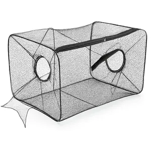 Compact Foldable Fishing Net Trap with Zipper Nylon Mesh Bait Cage for Fish, Eels, Crabs