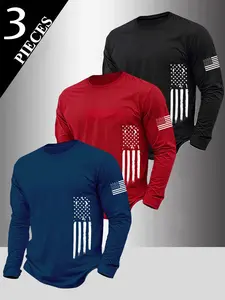 Men's 3-Pack Flag Series Graphic Print Long Sleeve Round Neck T-Shirt, Casual Fitted Bottoms for Fall & Winter