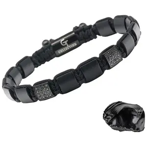 GT Collection Men's Black Onyx Flat Bead Bracelet - 8mm Beads, Adjustable Cord, Spiritual Protection, Handcrafted Jewelry, Elegant Design for Everyday Wear