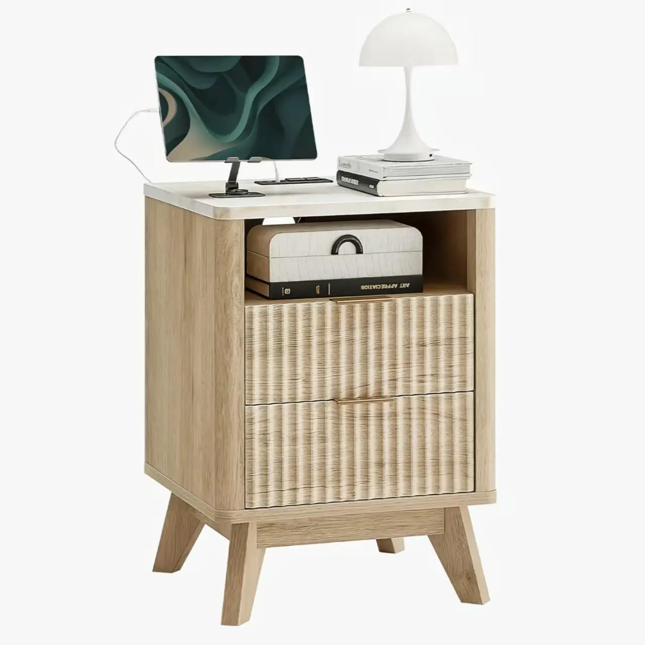 Carved Bedside Cabinet with Wave Pattern Drawer Front, Nightstand with Charging Station and 2 Drawers, Imitation Marble Top for Bedroom
