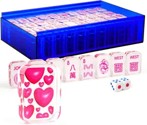 American Mahjong Game Set, 166 Love Heart Transparent Acrylic Tiles (1.18") with Blue Storage Case, 2 Dices - Perfect Valentine's Day Gift for Her, Couples & Mahjong Lovers (Pink)