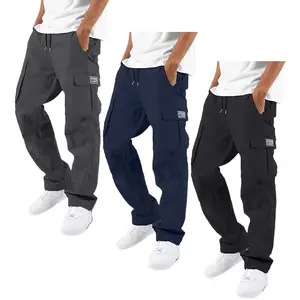3-pack men’s lightweight work pants with a drawstring elastic waistband, multiple zippered pockets and large side pockets — breathable straight-leg pants suitable for construction, travel, everyday casual wear, and outdoor activities.Summervibes