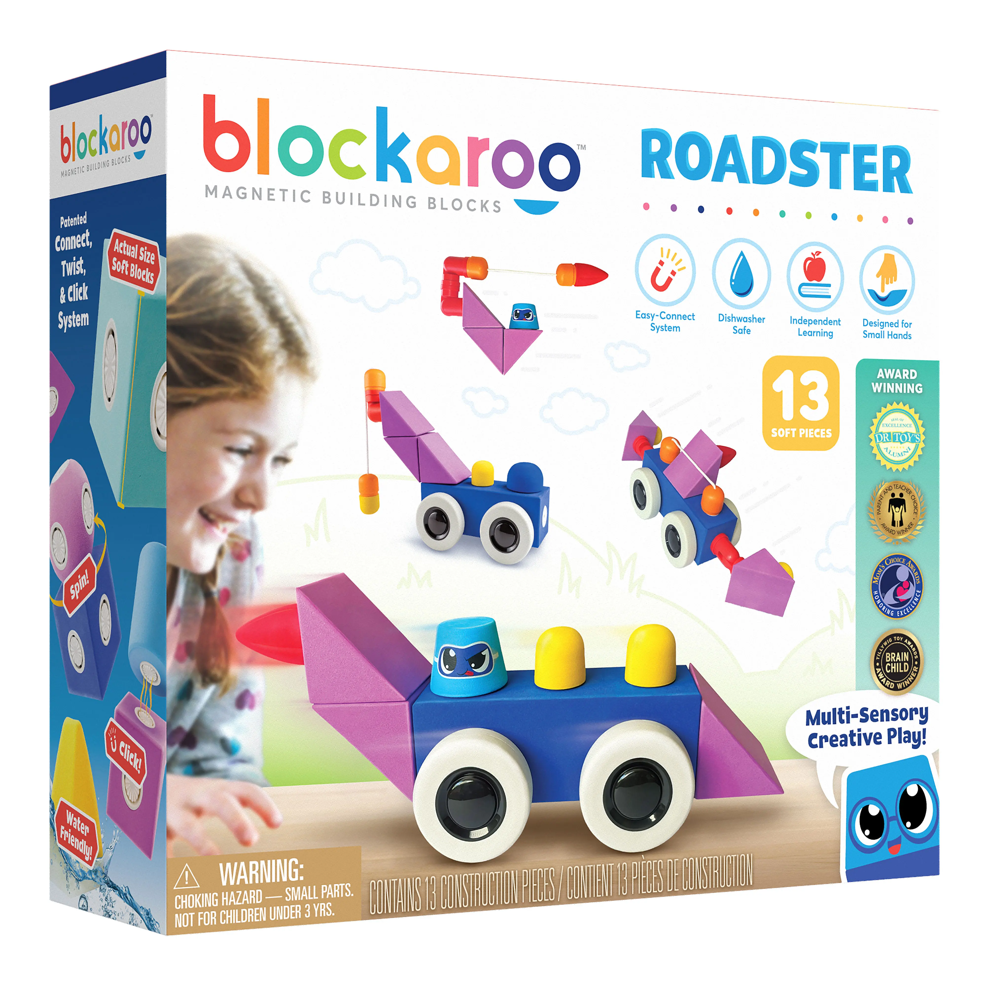 Blockaroo Magnetic Foam Building Blocks - 13-Piece Roadster Set for Kids Ages 3-6, STEM Preschool Toy, Bath Time Fun & Learning, Gift Ready