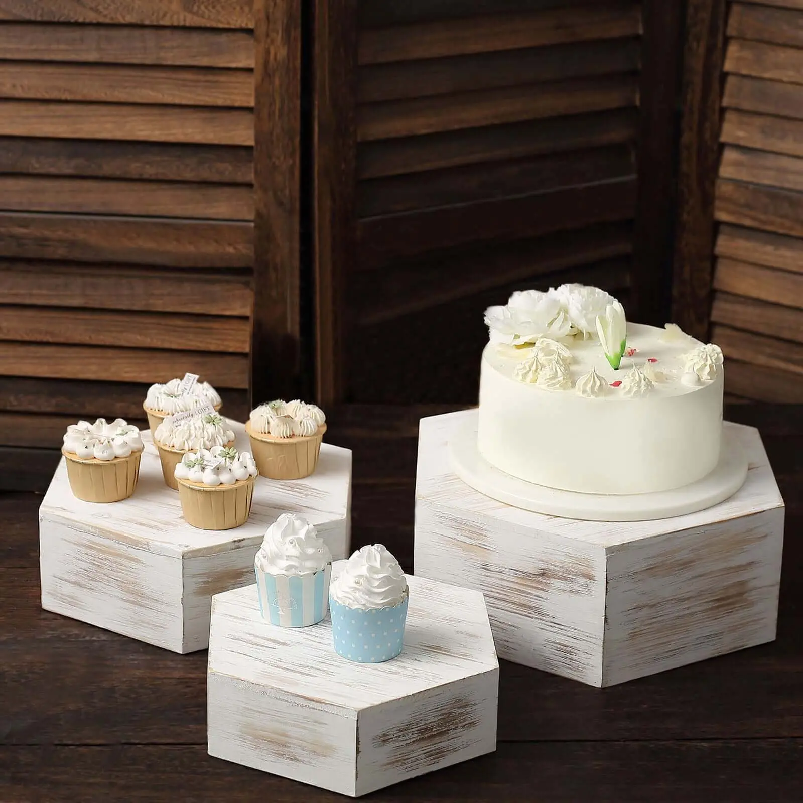 3-Piece Whitewashed Wooden Hexagonal Cupcake Stand Set - Stackable 9in,11in,13in Tabletop Risers for Food Display, Home & Festive Party Supplies, Cake Decorations, Retail Setting & Trade Show Use