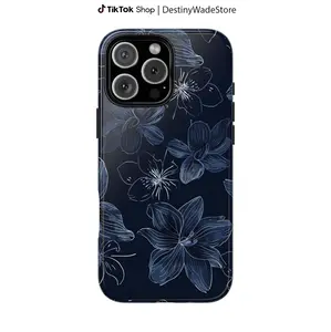 Navy Blue Floral Aesthetic Tough Phone Case, Compatible with iPhone 17/16/15/14/13/12 Pro Max Plus, Samsung Galaxy Ultra