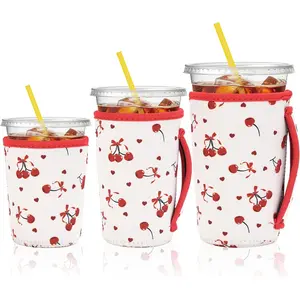 3 Pack  Iced Coffee Sleeves with Handle Neoprene Insulated Cup Sleeves for Hot & Cold Drinks, Fits 16-32 oz Cups, Compatible with , Dunkin &  (cherry)