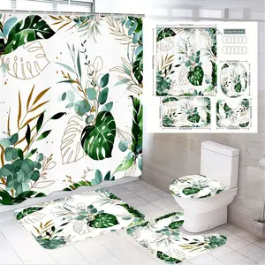1/4pcs Tropical Green Leaves Monstera Eucalyptus Gold Accent Waterproof Shower Curtain Set - Bathroom Decor, Bathroom Decoration Accessories with Shower Curtain, 2 Bath Mats, Toilet Cover - Aesthetic for Spring/Summer - Housewarming, Mother's Day Gift