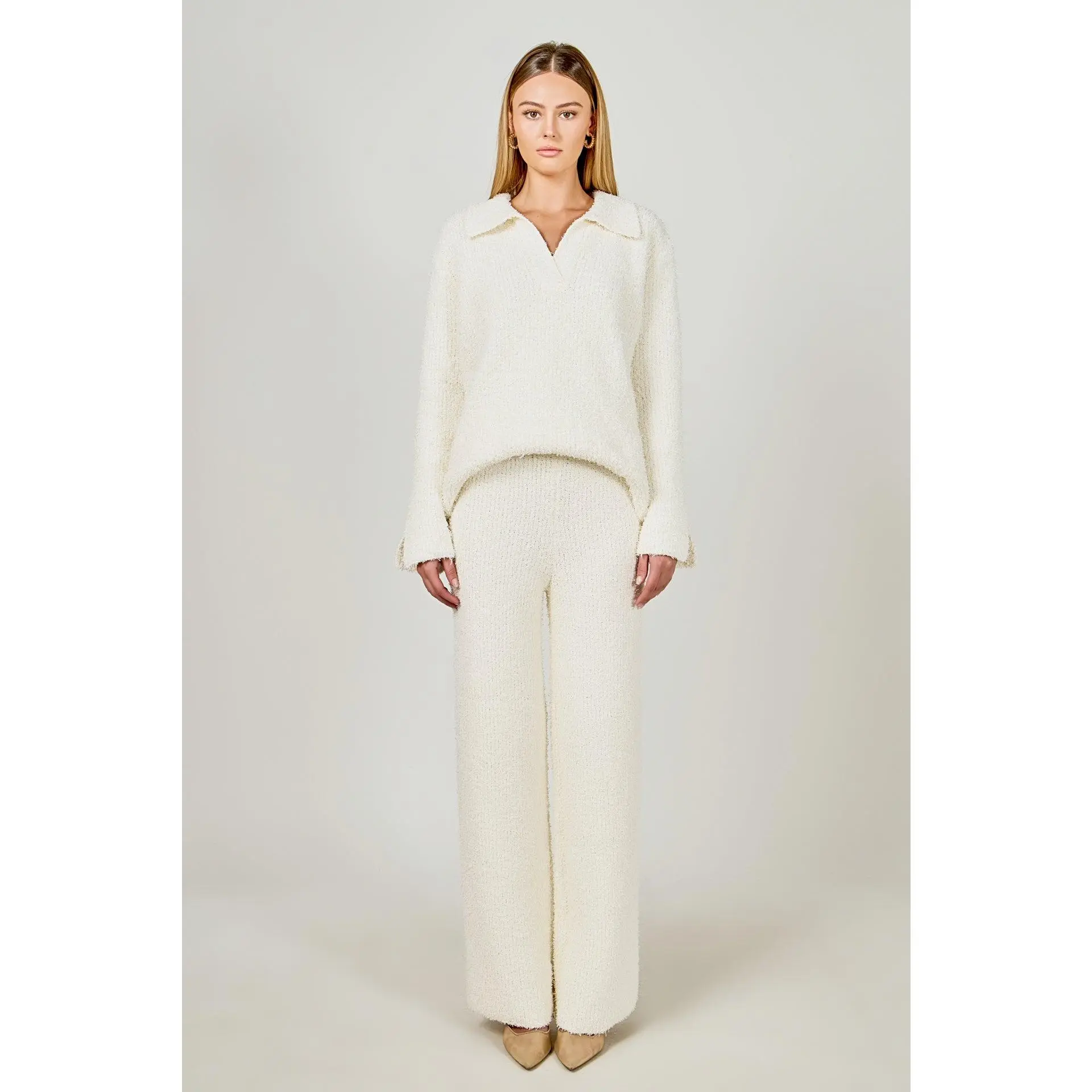Textured Fuzzy Collared Sweater