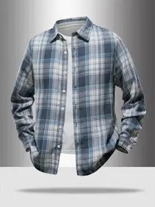 Men's Random Plaid Long Sleeve Shirt, Casual Fitted Button-Up Top, Comfortable Fabric Design for Fall & Winter, Daily Wear Essential, Button Front Shirts