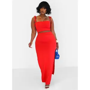 Hottie Tie Strap Crop Top & Thigh Slit Maxi Bodycon Skirt  - Red
